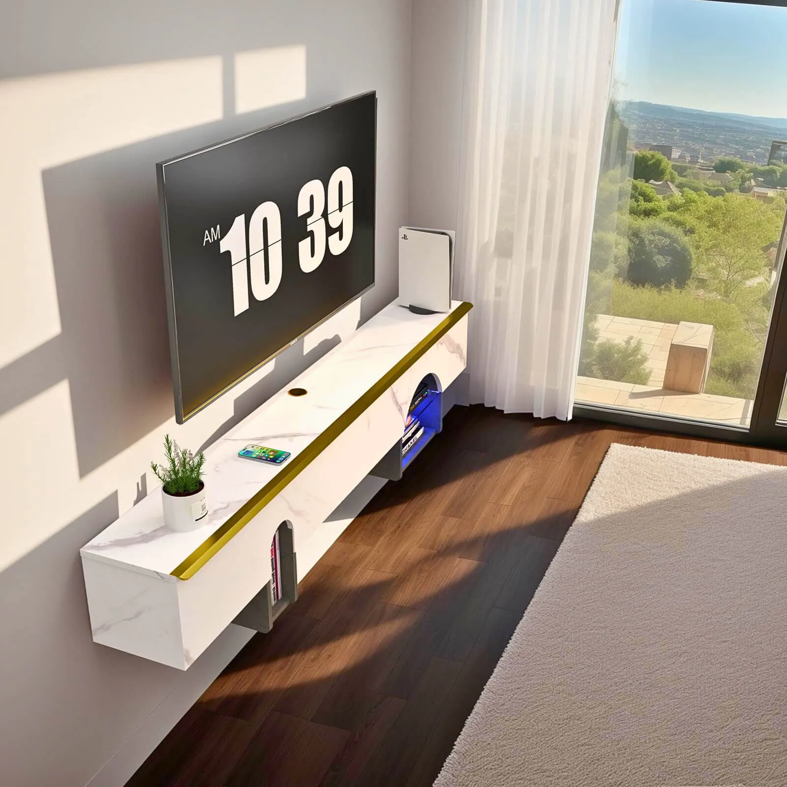 70"  Cubix Floating TV Stand, Marble White
