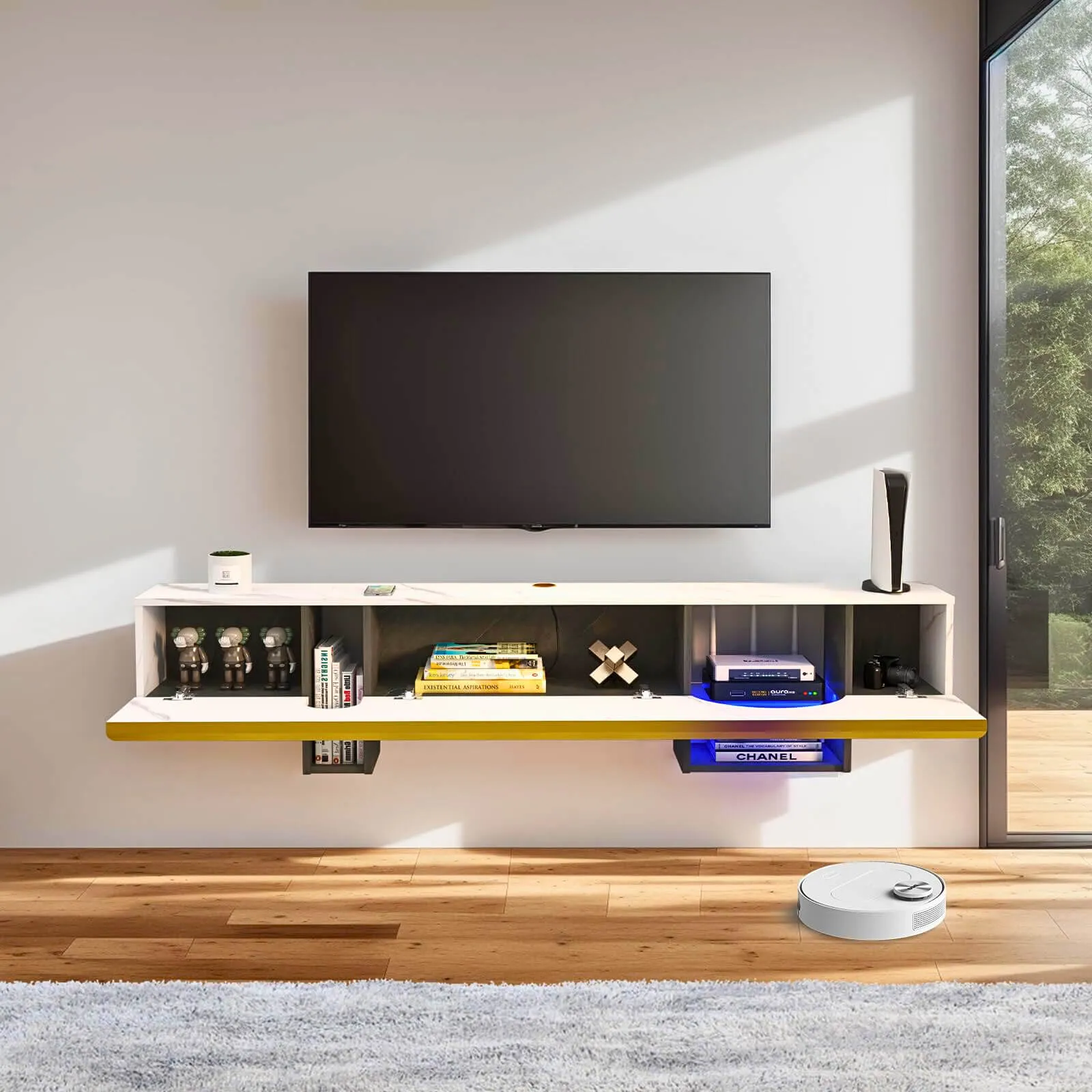 70"  Cubix Floating TV Stand, Marble White