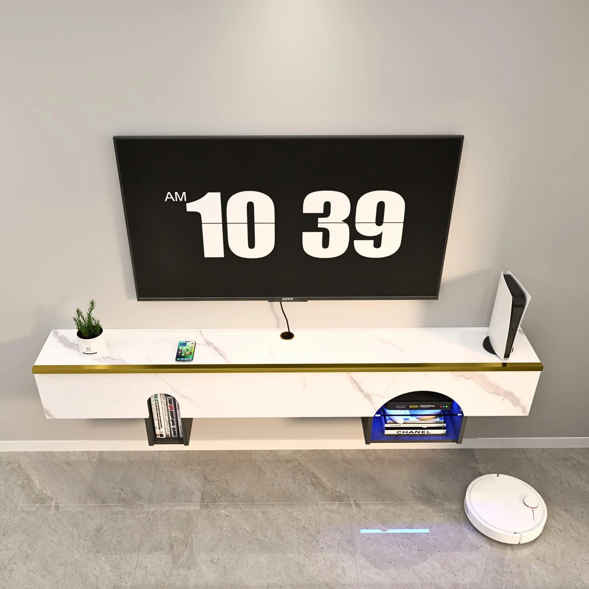 70"  Cubix Floating TV Stand, Marble White
