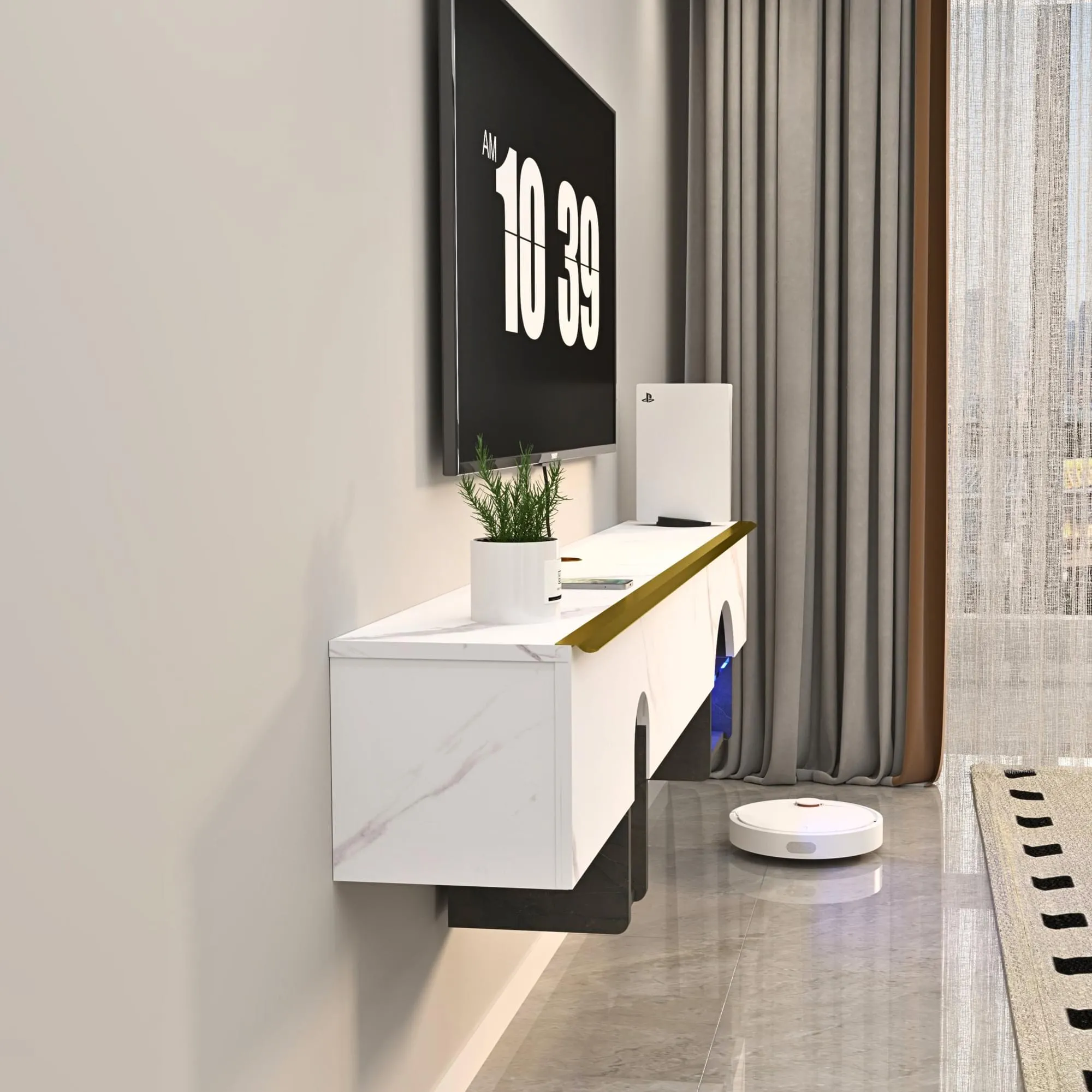 70"  Cubix Floating TV Stand, Marble White