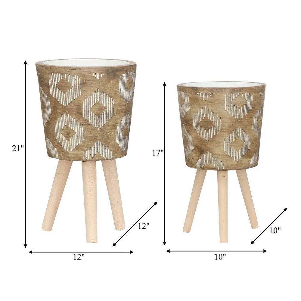 Alta 10, 12 Inch Planters, Set of 2, Tripod, Brown, White Diamond Stripes By Casagear Home