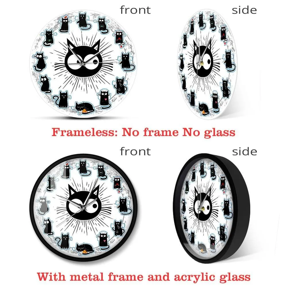 Black Cats Joy Style Wall Clock Kittens Wall Art Silent Clock Cartoon Cats Kid