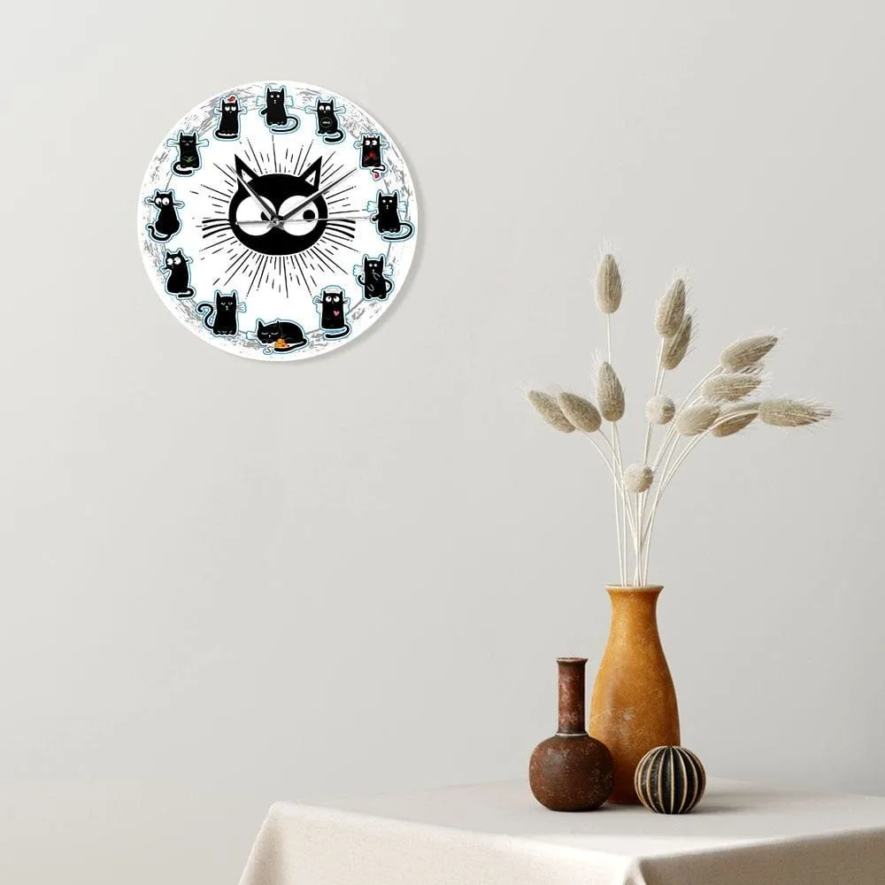 Black Cats Joy Style Wall Clock Kittens Wall Art Silent Clock Cartoon Cats Kid