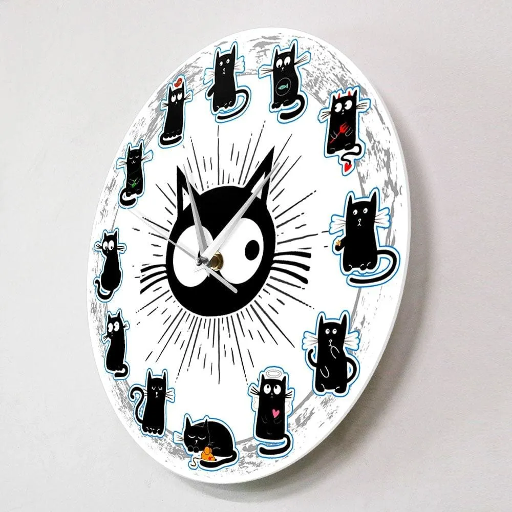Black Cats Joy Style Wall Clock Kittens Wall Art Silent Clock Cartoon Cats Kid