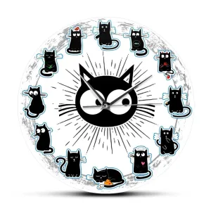 Black Cats Joy Style Wall Clock Kittens Wall Art Silent Clock Cartoon Cats Kid