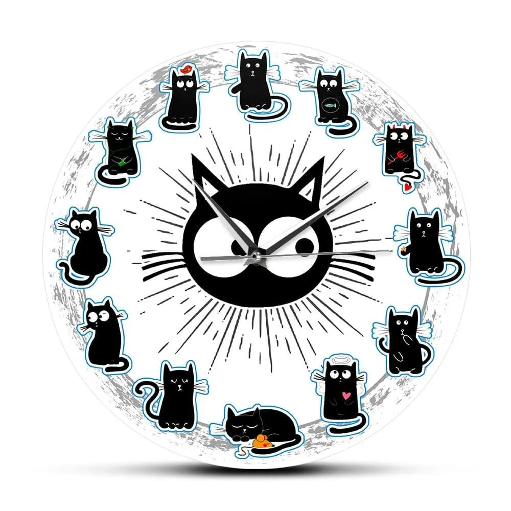 Black Cats Joy Style Wall Clock Kittens Wall Art Silent Clock Cartoon Cats Kid