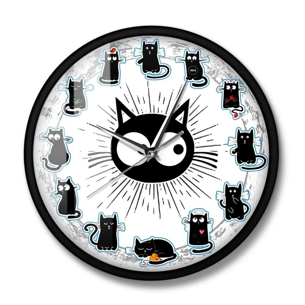 Black Cats Joy Style Wall Clock Kittens Wall Art Silent Clock Cartoon Cats Kid