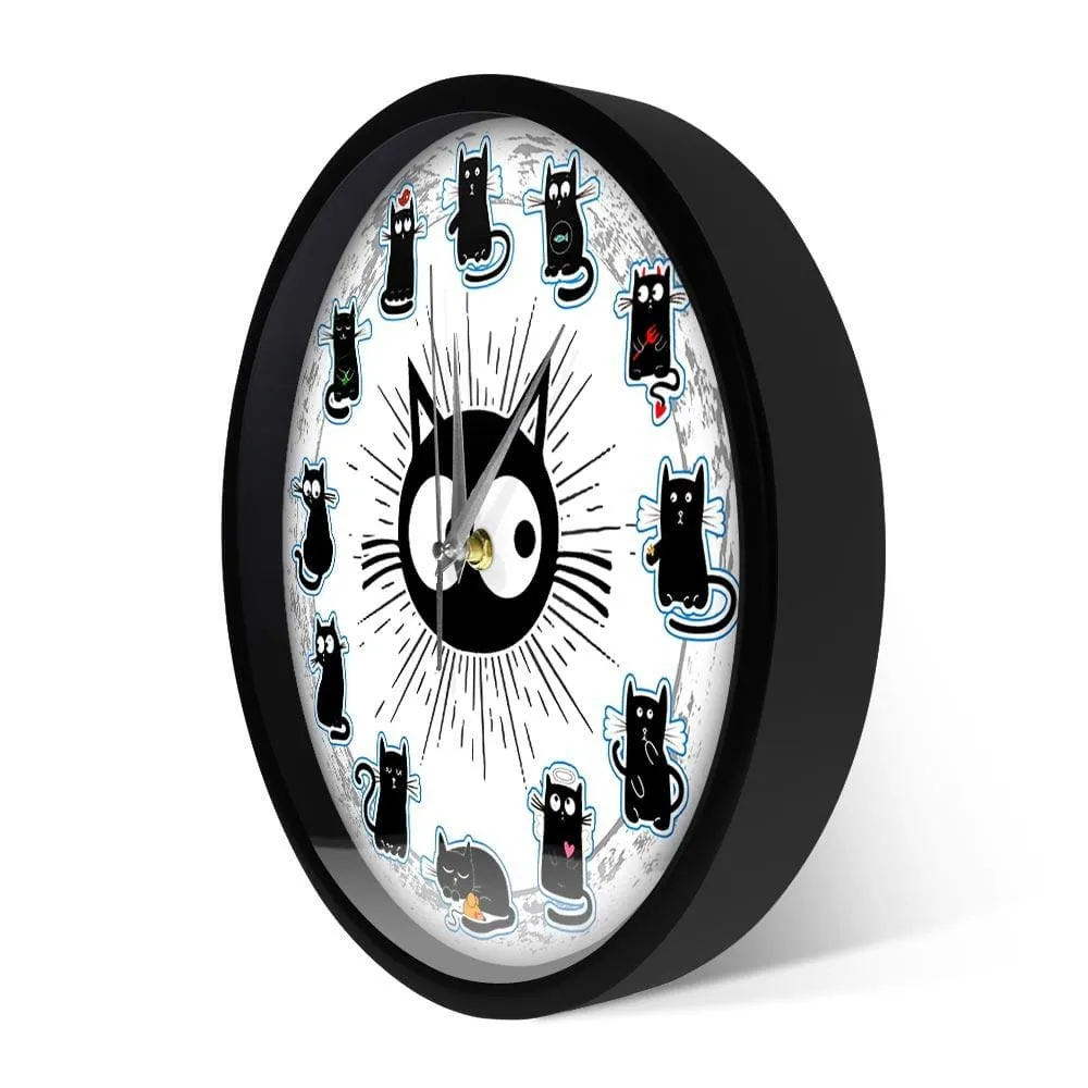 Black Cats Joy Style Wall Clock Kittens Wall Art Silent Clock Cartoon Cats Kid