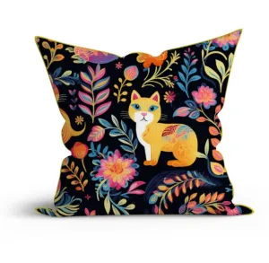 Bohemian Cotton Cat Flower Printed Sofa Cushion Cover Set with Piping