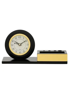 CHRONIKLE Decorative Wooden Case Analog Pen Stand Table Clock for Office Desk Study Room Home Decorations Gifts (Size: 27 x 7.5 x 13.5 CM | Weight: 490 Gram | Color: Black)