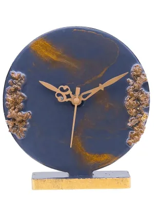 CHRONIKLE Elegant Epoxy-Resin Round Handmade with Golden Color Shade and Stone Art Home Office Decor Grey Analog Table Clock Without Glass for Gift (Size: 15x4.5x17 CM | Weight: 227 Gram)