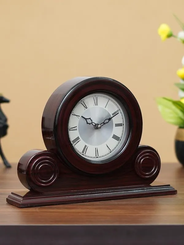 CRAFT SMITH Beautiful Rosewood Colour Wooden Home/Office Decor Roman Numerals Round Silver Colour Dial Analog Desk/Table Clock for Home Living Room (Size: 22 x 7 x 32 CM | Weight: 1275 grm)