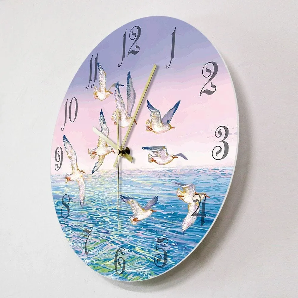 Fantasy Landscape Flying Seagulls Painting Printed Wall Clock Home Decor Seagull