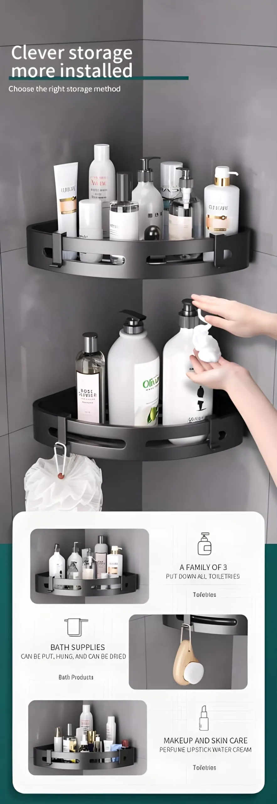 JIALTO 2 Pcs Corner Shelf for Bathroom | Self-Adhesive Bathroom Shelf for Wall | Corner Stand and Rack without Drilling | Bathroom Accessories and Storage Rack (Black)