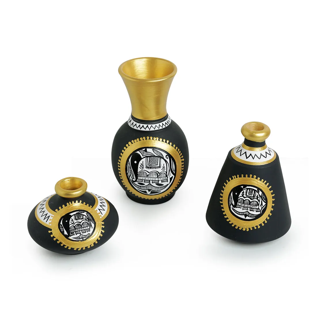 'Madhubani Jet Black Matkis & Urn' Handpainted Terracotta Vases (Set of 3)
