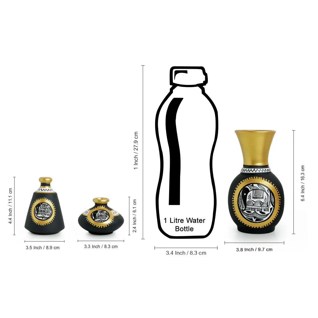 'Madhubani Jet Black Matkis & Urn' Handpainted Terracotta Vases (Set of 3)