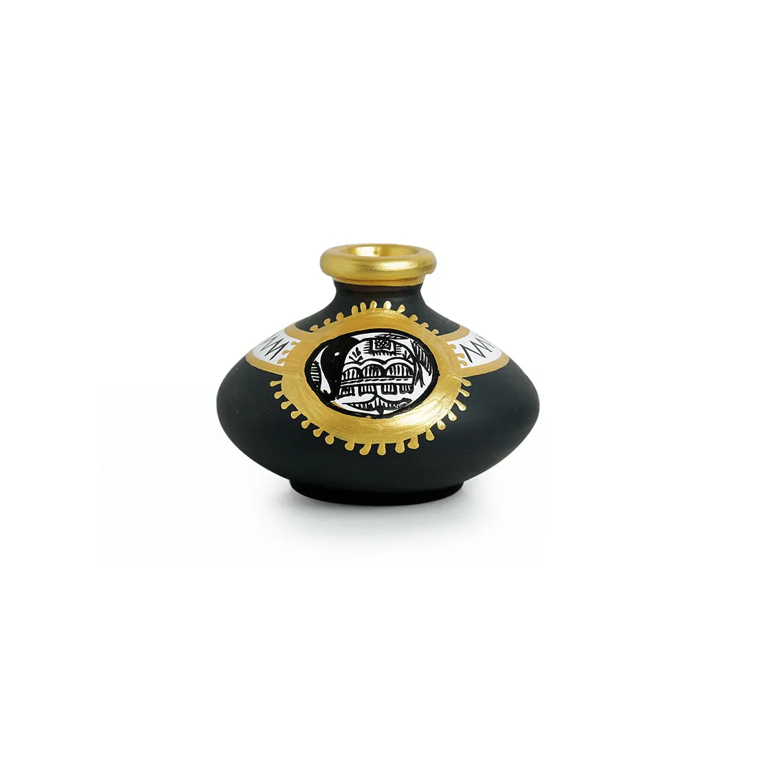 'Madhubani Jet Black Matkis & Urn' Handpainted Terracotta Vases (Set of 3)