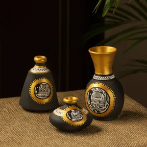 'Madhubani Jet Black Matkis & Urn' Handpainted Terracotta Vases (Set of 3)