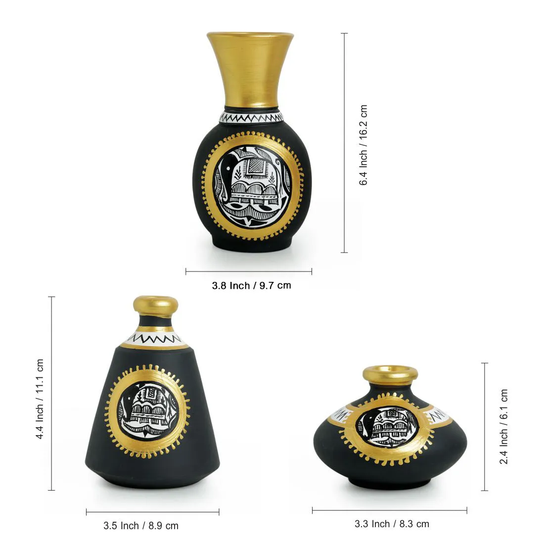 'Madhubani Jet Black Matkis & Urn' Handpainted Terracotta Vases (Set of 3)