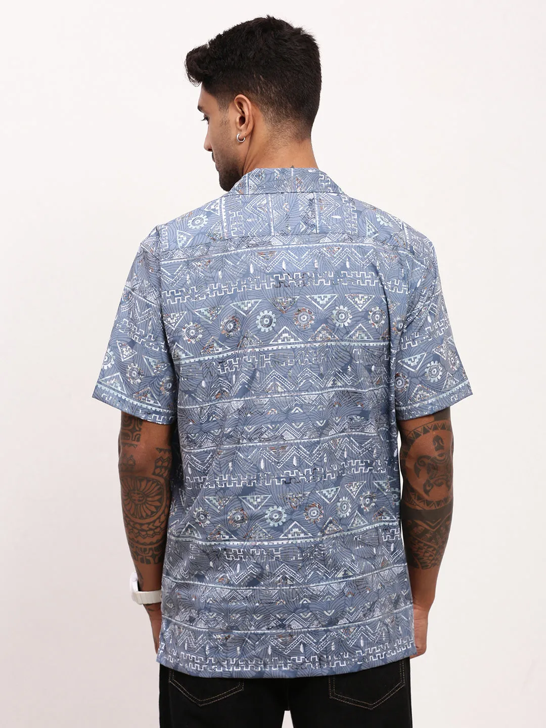 Men Blue Geometric Cuban Collar Shirt