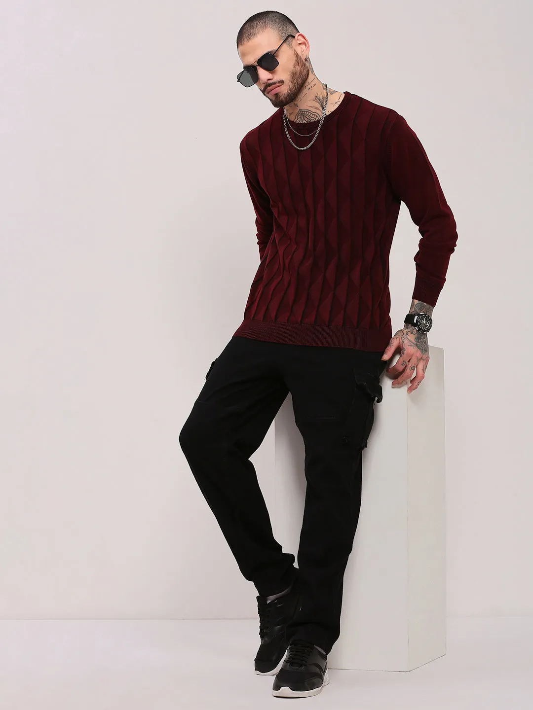 Men Maroon Geometric Prints Sweater