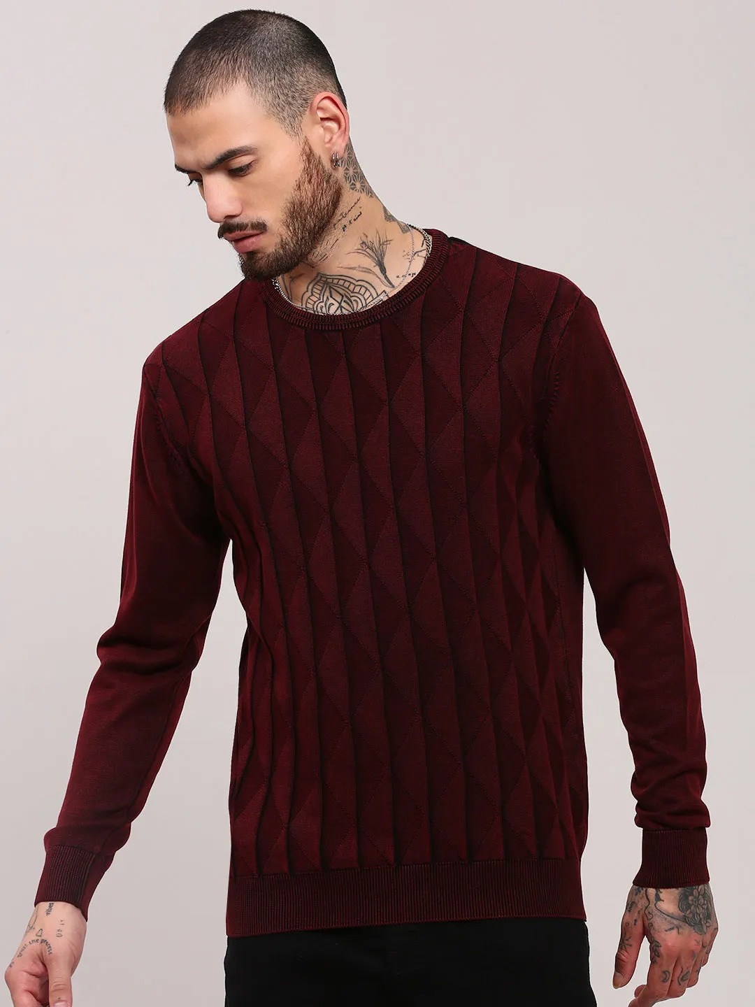 Men Maroon Geometric Prints Sweater