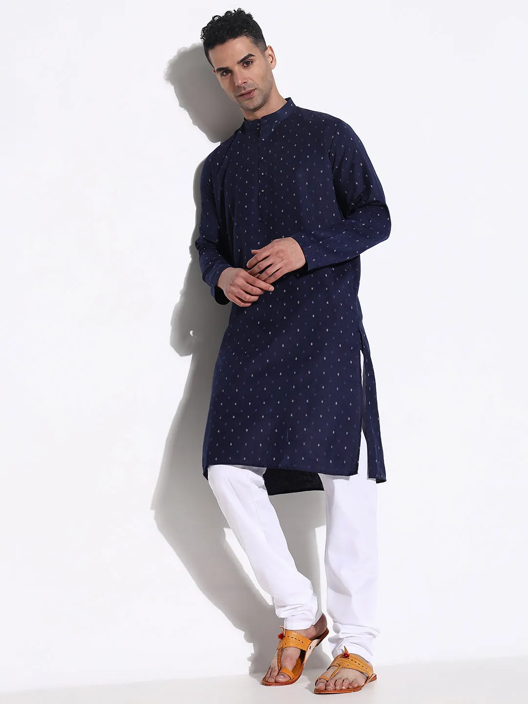 Men Navy Blue Geometric Kurta Set