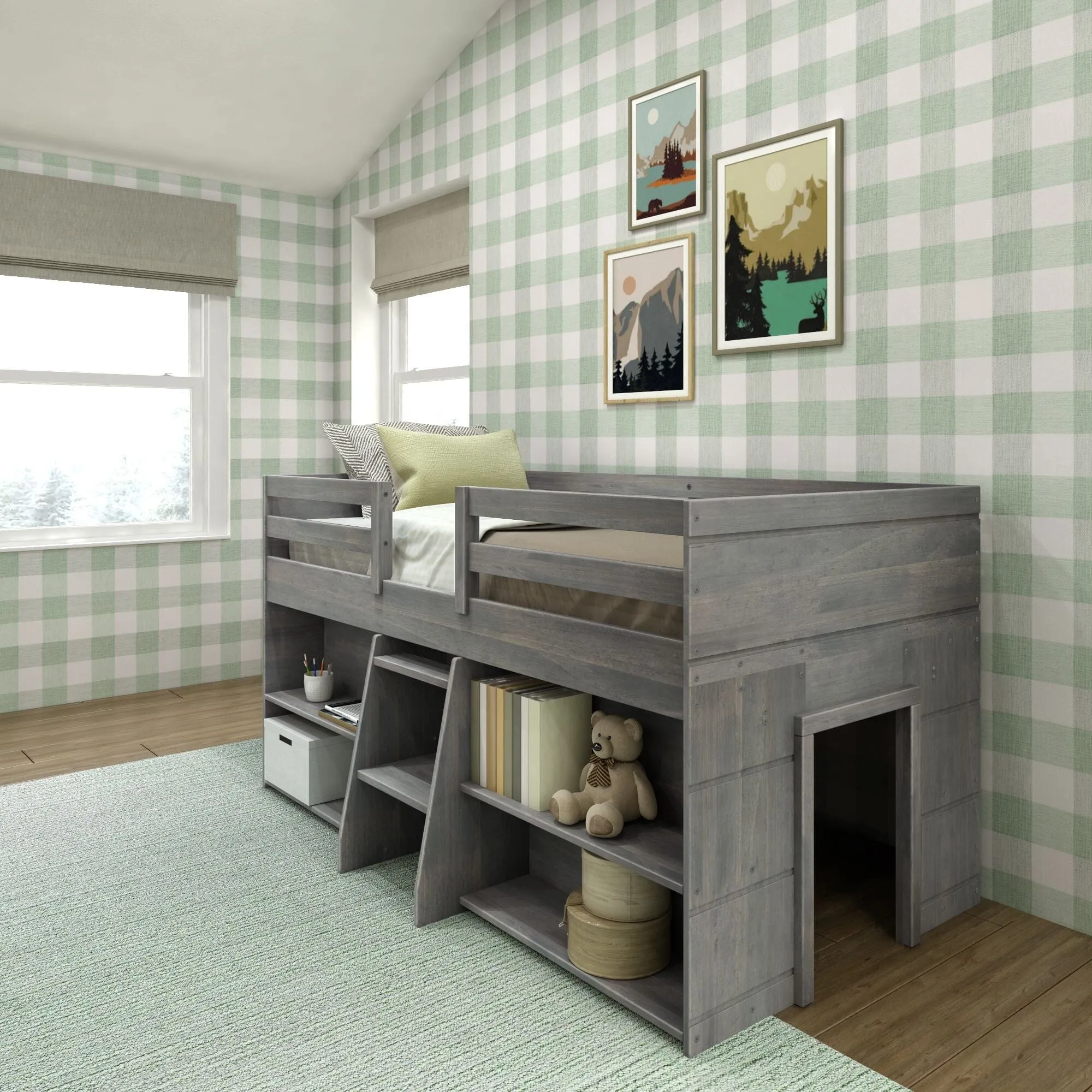 Modern Farmhouse Twin Low Loft Bed With Bookcases