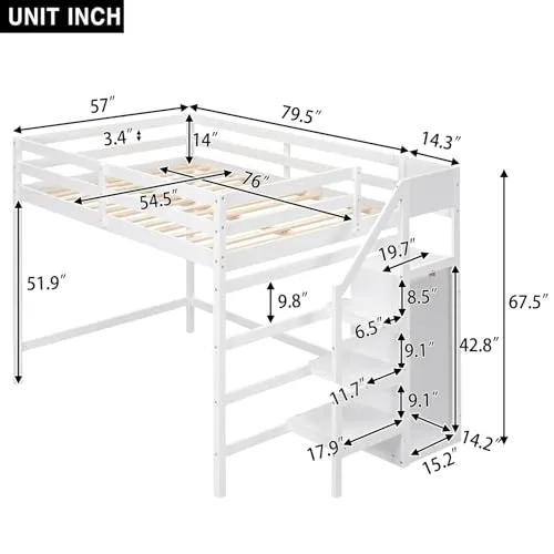 Polibi Full Size Wooden Loft Bed with Built-in Storage Wardrobe and Staircase, Multi-Functional Loft Bed with Staircase and Guardrails, No Box Spring Required, White