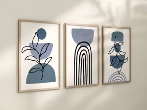 Set of 3 Boho Abstract Wall Art Prints, Navy Blue, Boho Wall Decor Set of 3 Art Prints, Leaf Geometric Art, Minimalist Wall Art, 051