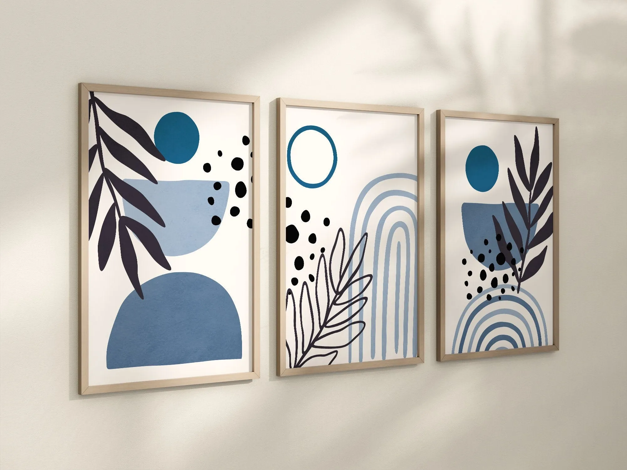 Set of 3 Boho Abstract Wall Navy Blue Art Prints, Greenery Boho Wall Decor Set of 3 Art Prints, Minimalist Wall Art, 052