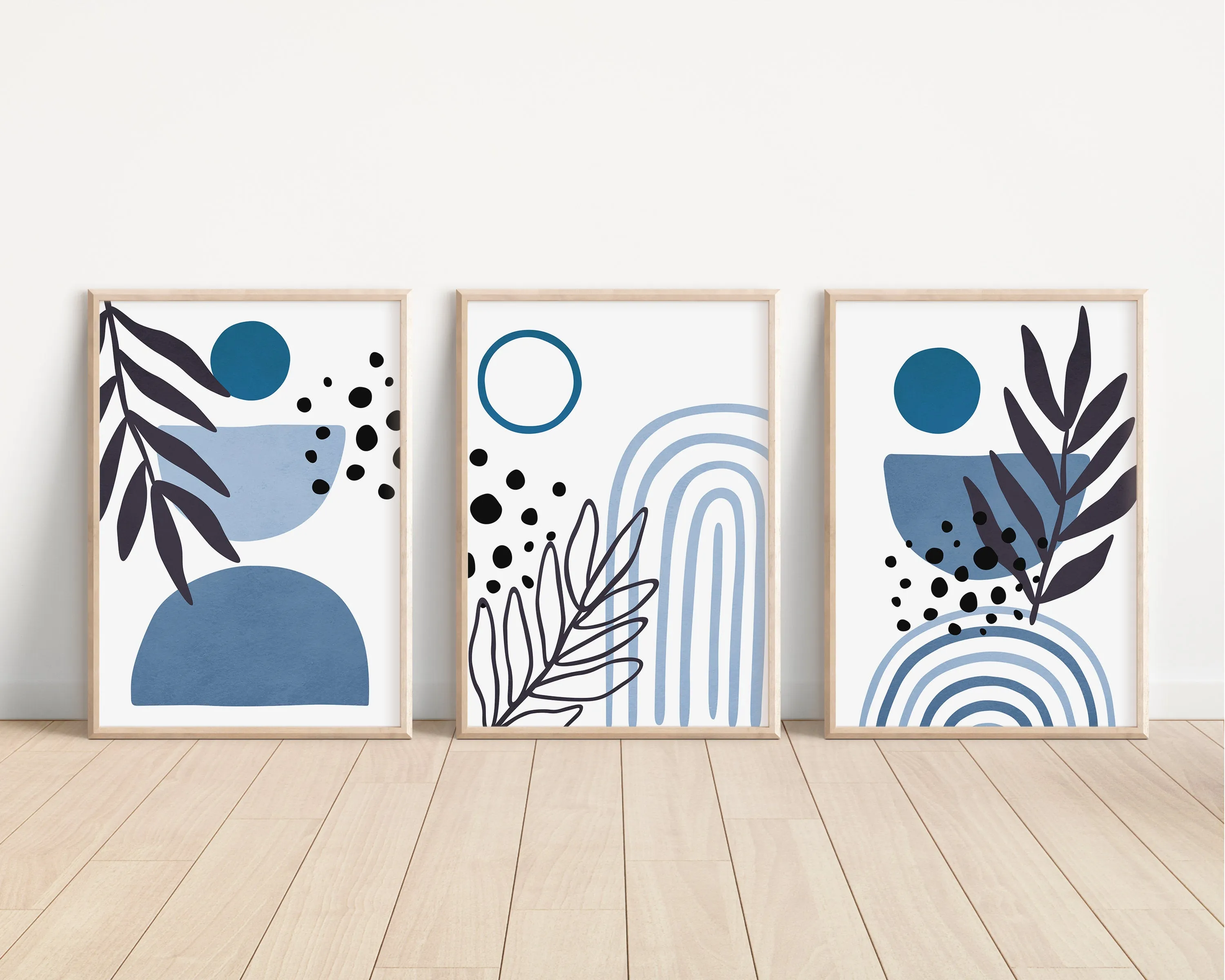 Set of 3 Boho Abstract Wall Navy Blue Art Prints, Greenery Boho Wall Decor Set of 3 Art Prints, Minimalist Wall Art, 052