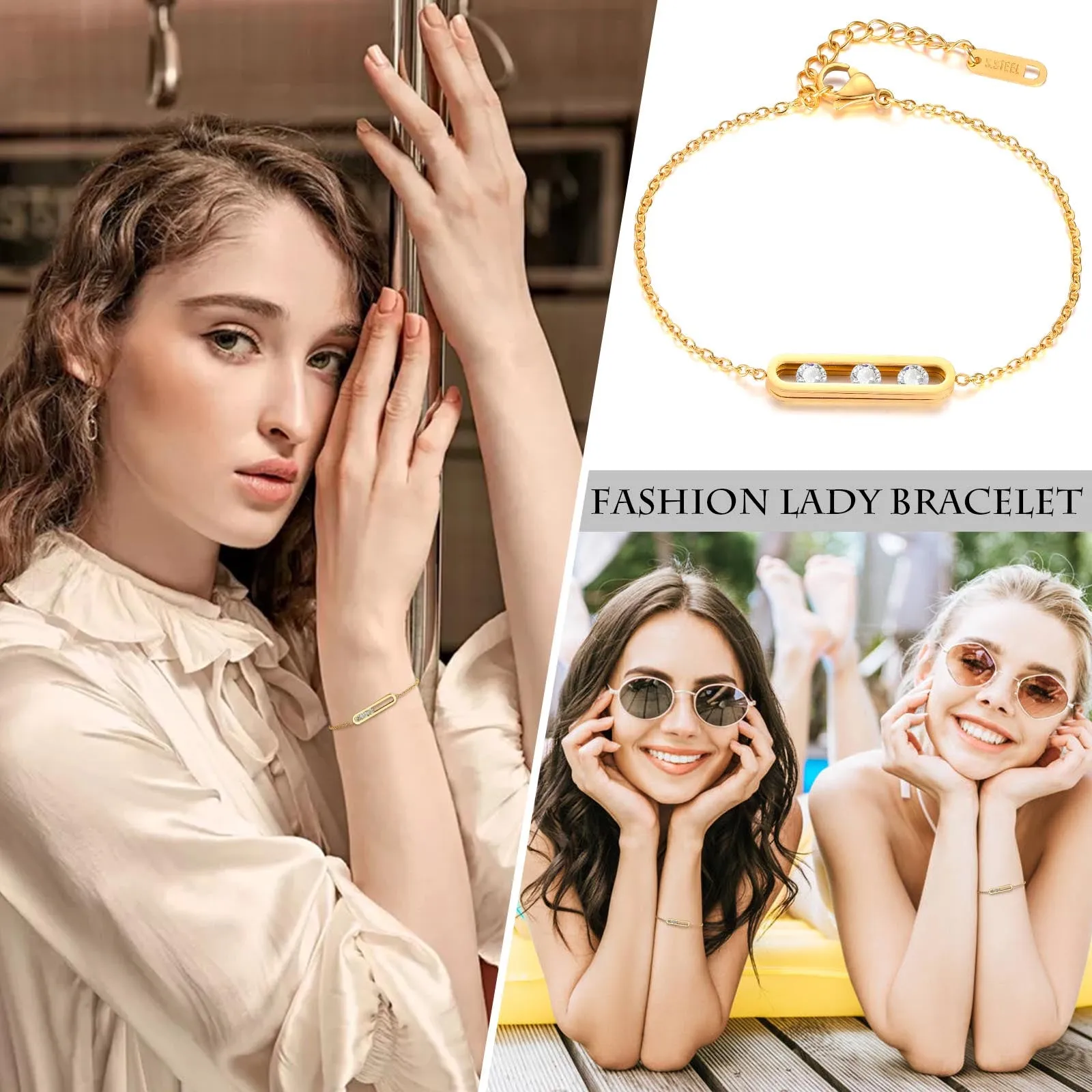 Stainless Steel Thin Chain Link Minimalist Charm Bracelet