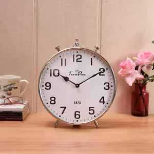 TrenDec Aluminium Metal Round Silver Finish Table Analog Clock for Bedroom | Table Clock | Tableware Showpiece | Decorative Item for Office | (Silver Vintage-Dia: 10 Inch) Analog Table Clock