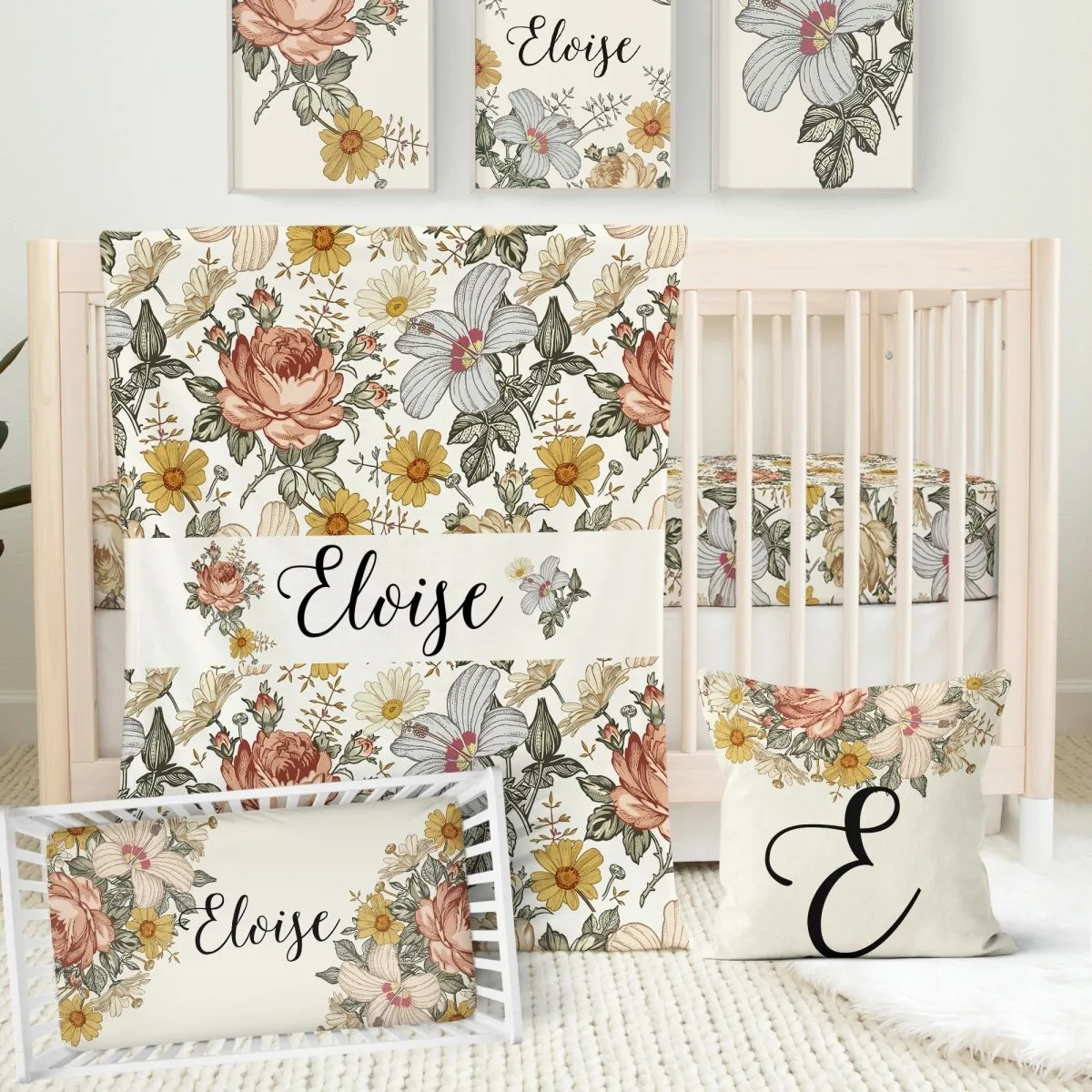 Vintage Earthy Floral Personalized Nursery Pillow