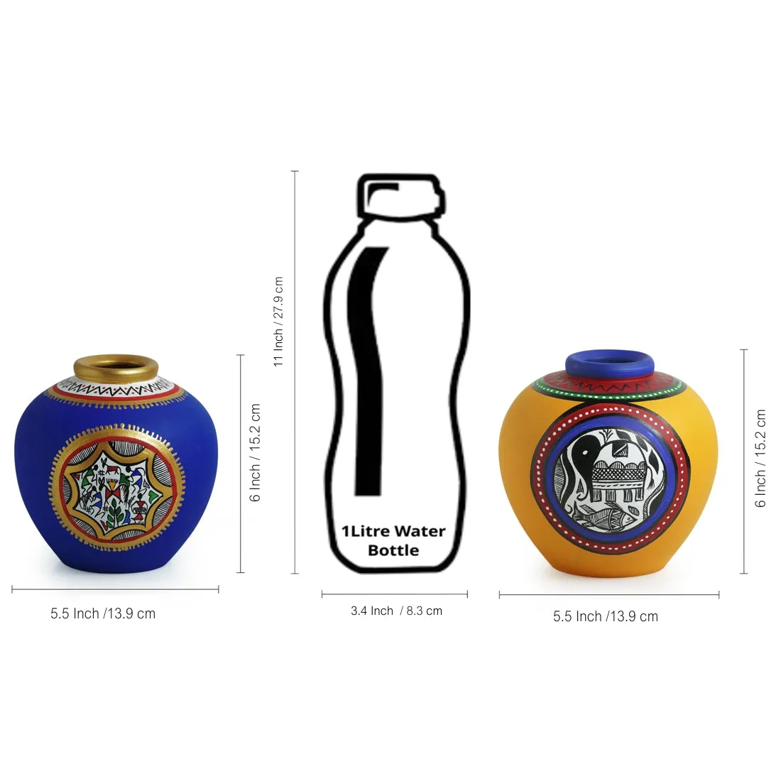 Warli & Madhubani Handpainted Terracotta Vases (Set Of 3)