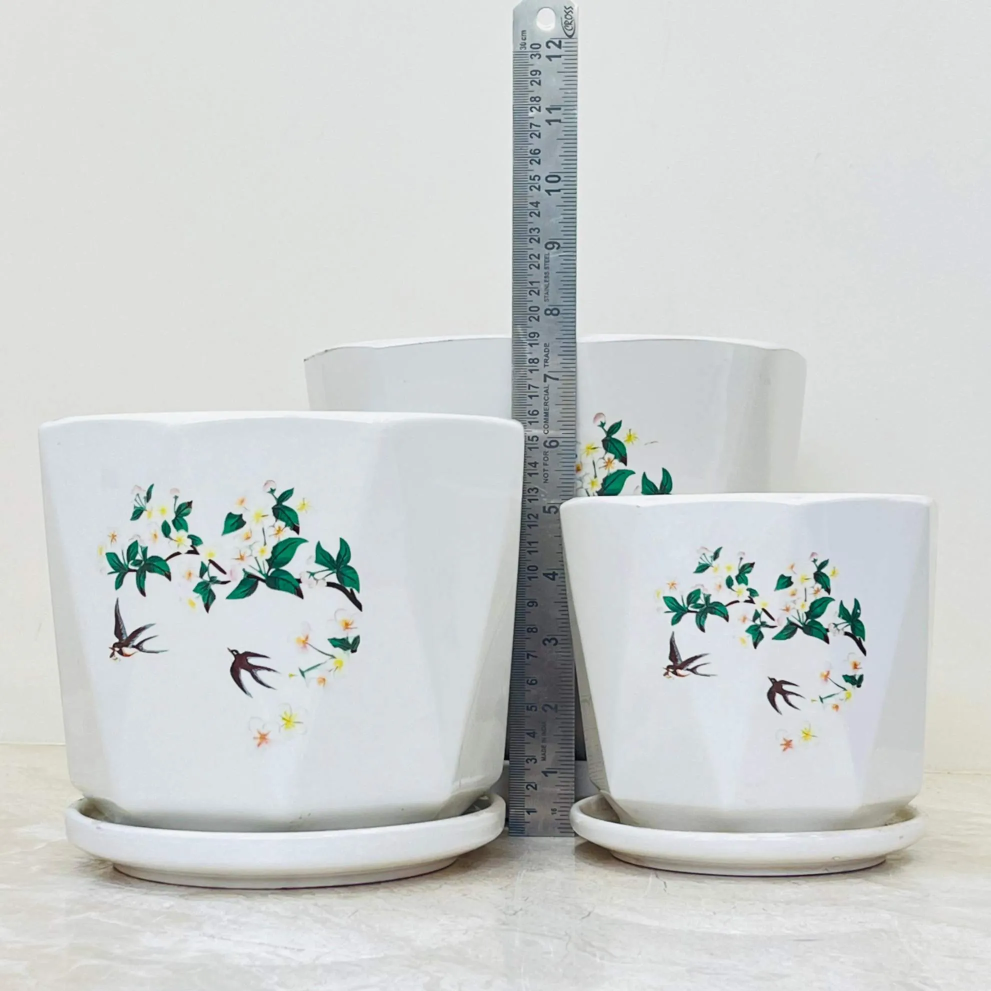 White Ceramic Planter Set with Floral and Bird Design (Set Of 3)