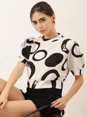Women White Geometric Print Choker Neck Puff Sleeve Crepe Cinched Waist Crop Top