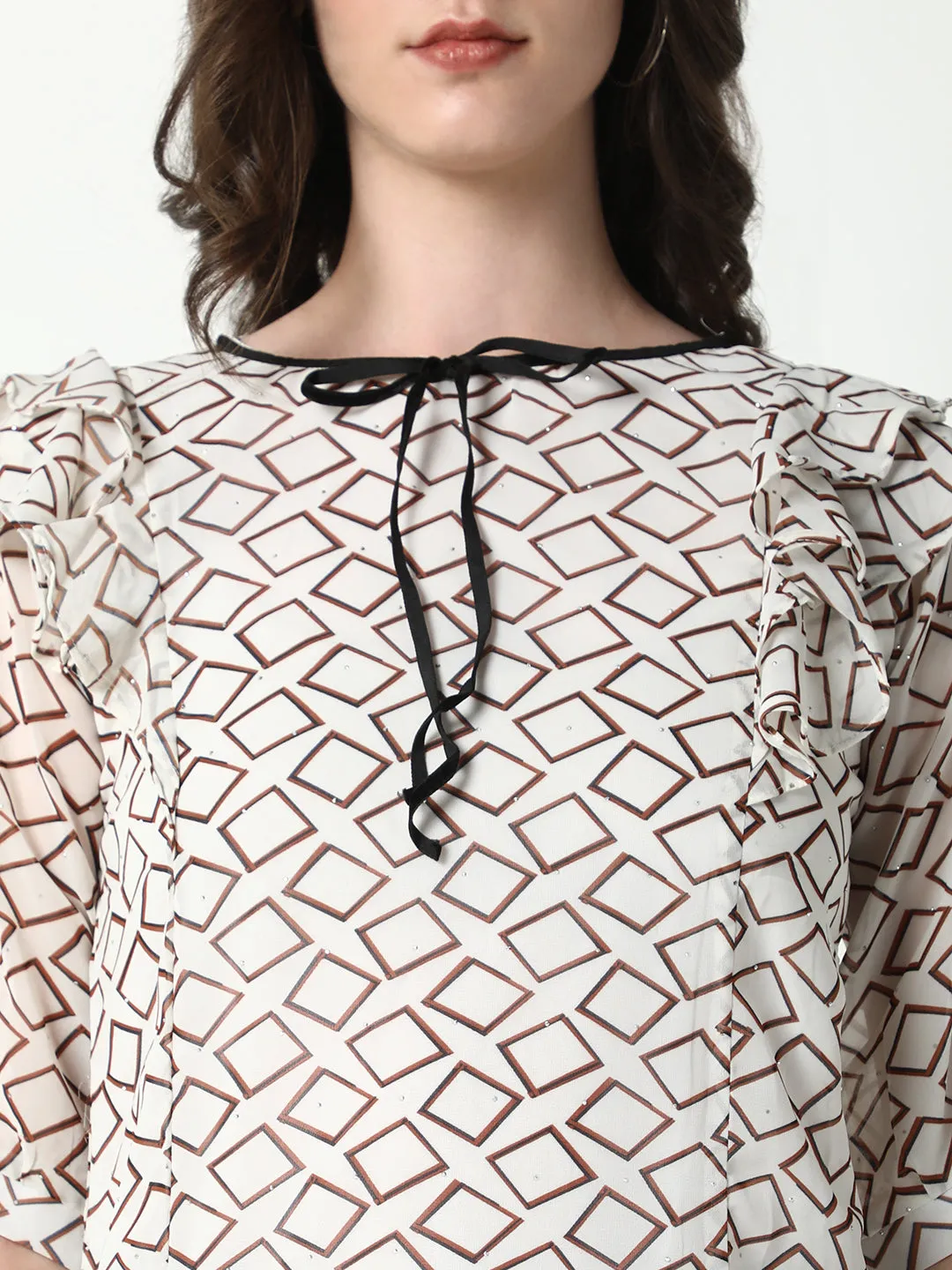 Women White Geometric Printed Ruffles Top