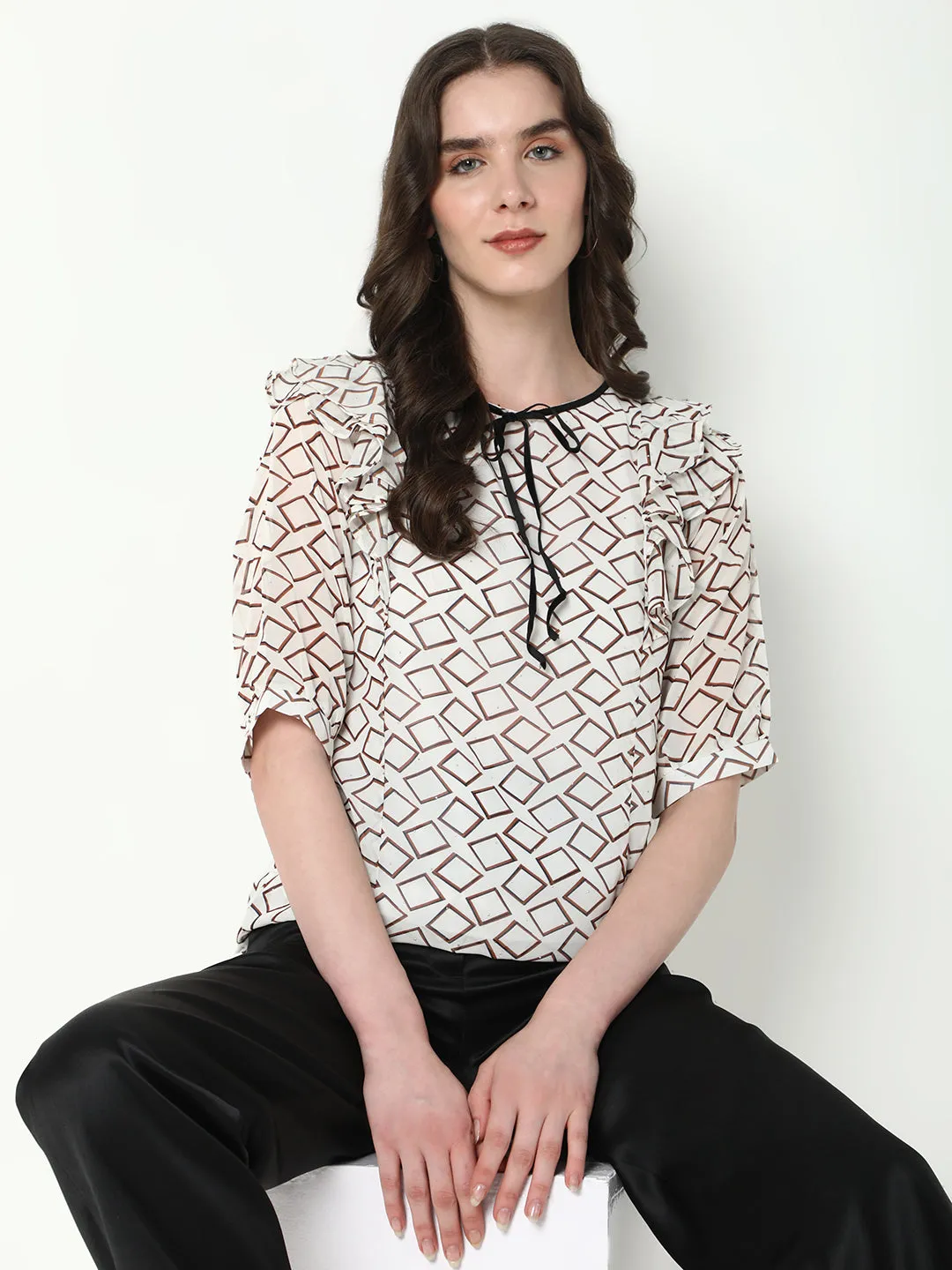 Women White Geometric Printed Ruffles Top