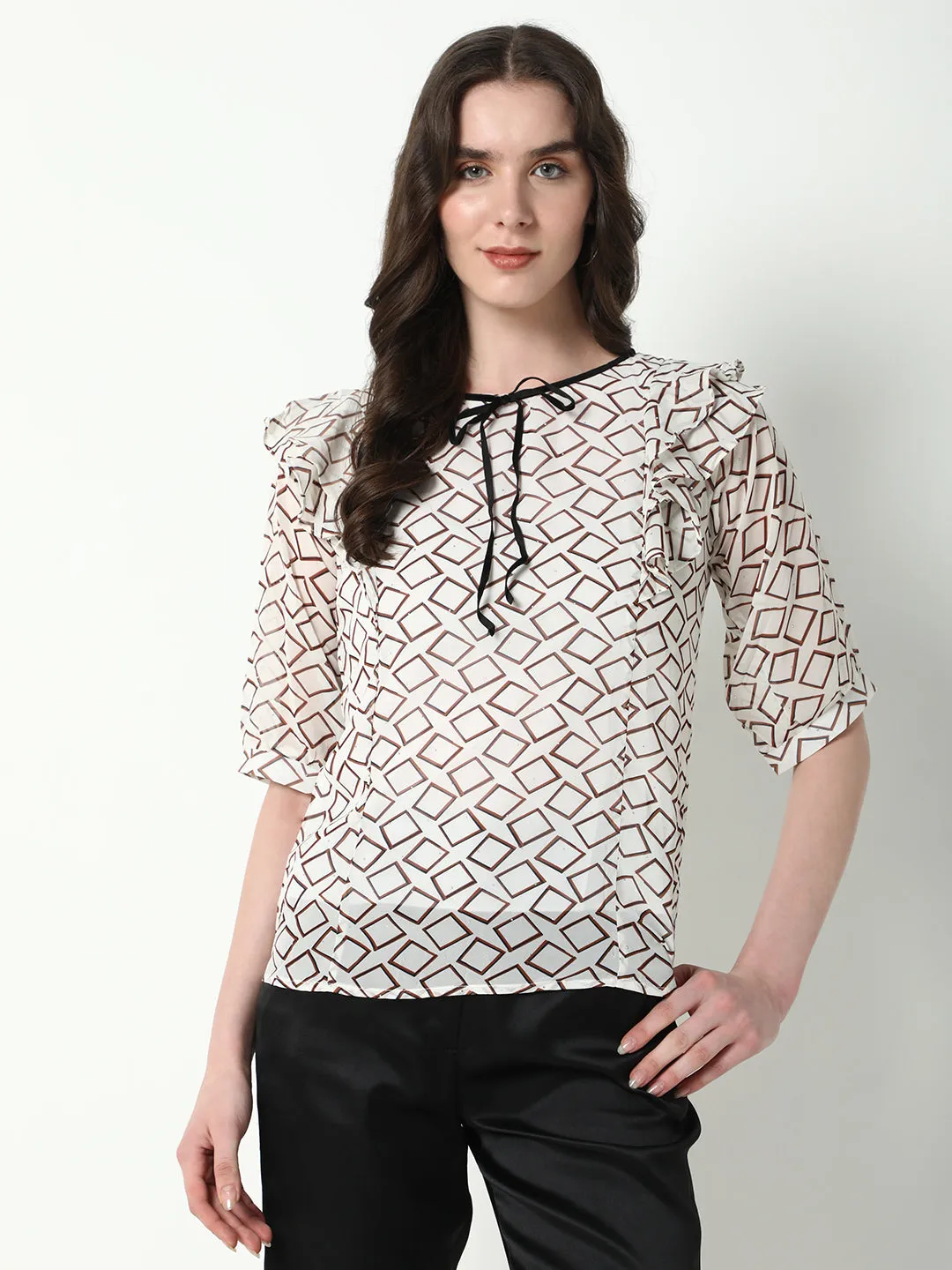 Women White Geometric Printed Ruffles Top