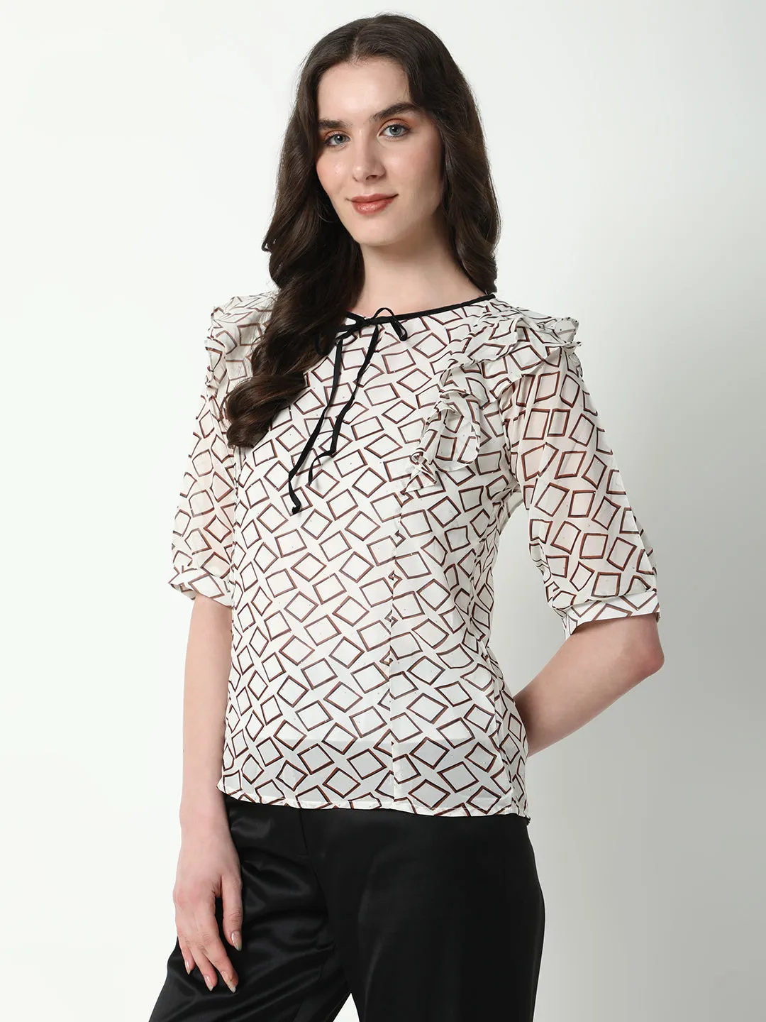 Women White Geometric Printed Ruffles Top