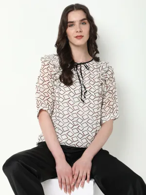 Women White Geometric Printed Ruffles Top
