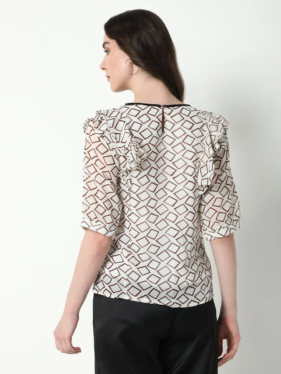 Women White Geometric Printed Ruffles Top