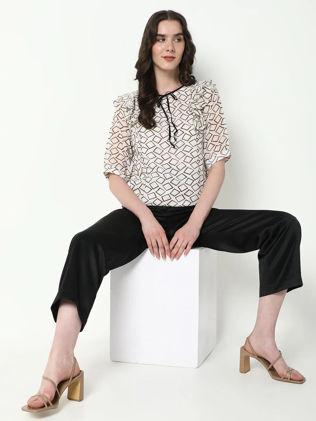 Women White Geometric Printed Ruffles Top