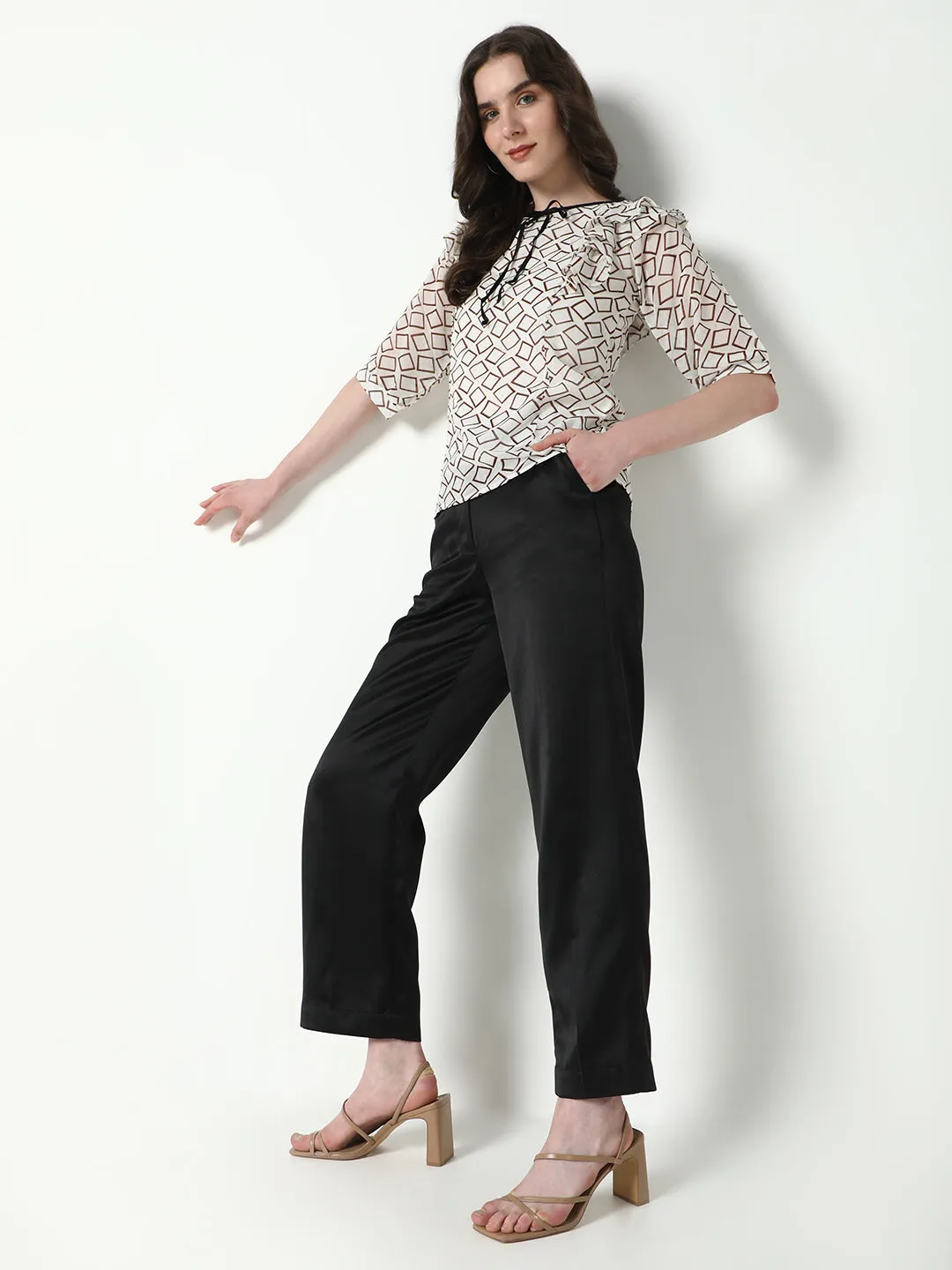 Women White Geometric Printed Ruffles Top